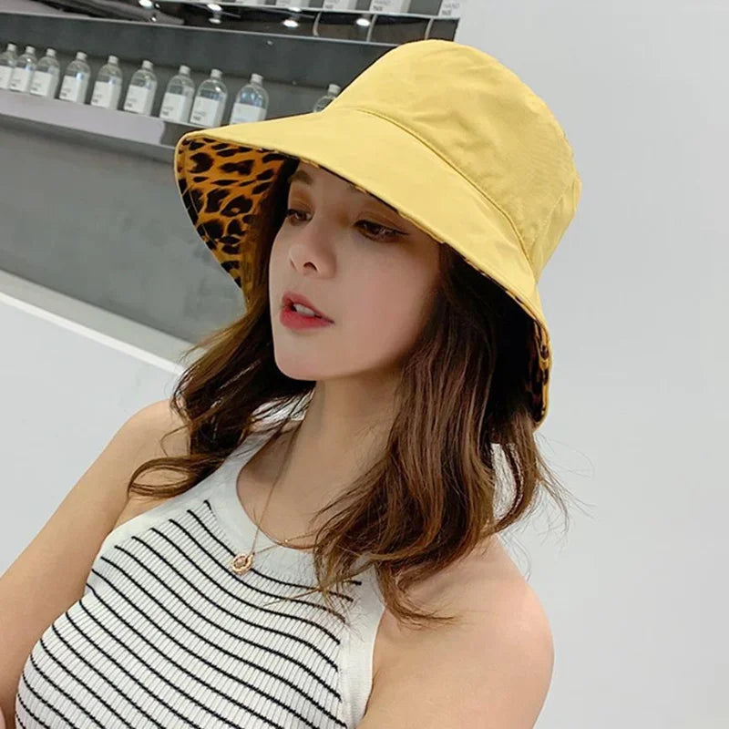 Flattop Ladies' Hat Street Women Leopard Print Bucket Comfortable Breathe Foldable Beach Flat Top Sun Fishing Hats for Women Good Vibrations