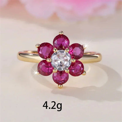 Charm Cherry Flower Rings For Women Rose Red Stone Cocktail Ring Wedding Bands Antique Gold Color CZ Engagement Party Jewelry Good Vibrations