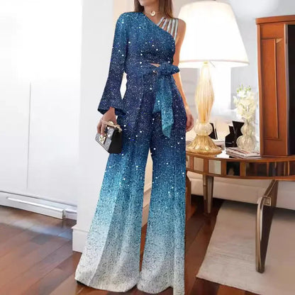 Elegant Two 2 Piece Sets Women Outfits Off-the-shoulder Sequin Tops and High-waisted Plus-size Wide-leg Pants Set Women's Set Good Vibrations