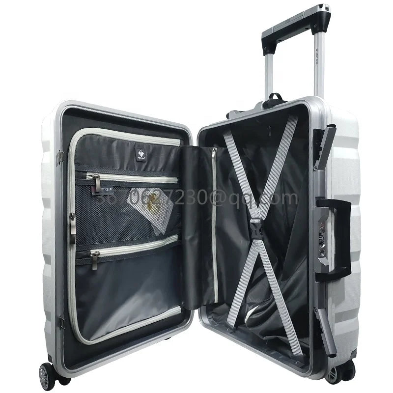 Travel Durable PP Trolley Suitcase Rolling Hard Shell Spinner Luggage Set with Front Opening Laptop Mobile Cup Holder Good Vibrations