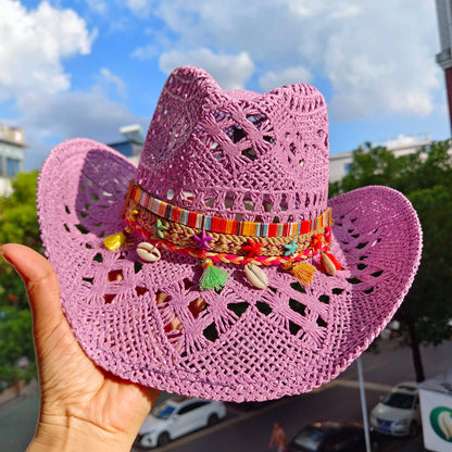 hats straw cowgirl western hat  mexican hat  retro curling hat western cowboy hat outdoor riding hat travel sports hat Good Vibrations