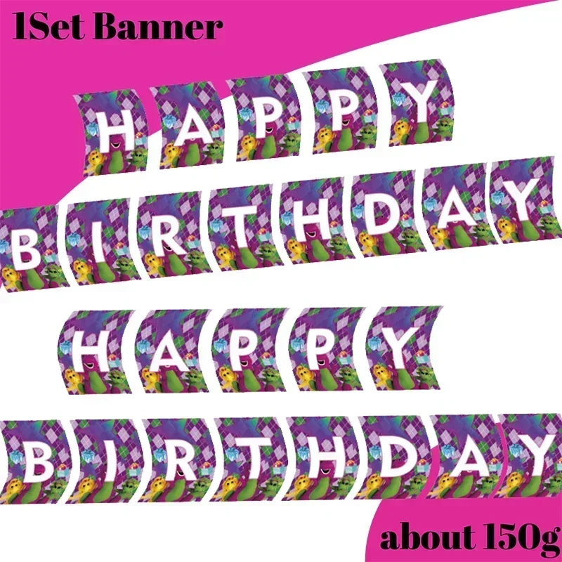Barney Theme Birthday Party Decorations Cake Topper Birthday CUP Napkin PLATE Straw Swirls Stickers KidsParty Supplies Decor Good Vibrations