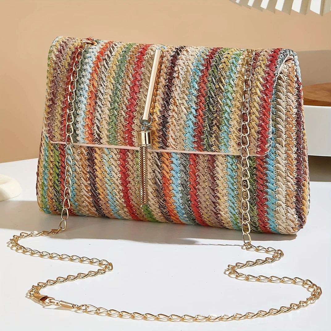 Chic Rainbow Stripe Straw Crossbody Bag for Women Adjustable Shoulder Strap Magnetic Closure Tassel Accent, Fashion Square Purse Good Vibrations