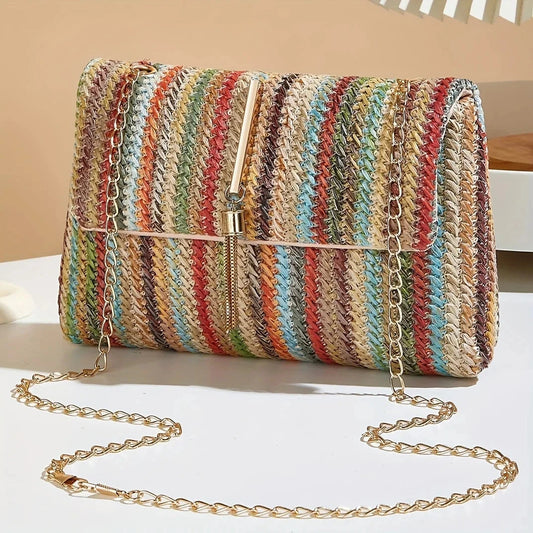 Chic Rainbow Stripe Straw Crossbody Bag for Women Adjustable Shoulder Strap Magnetic Closure Tassel Accent, Fashion Square Purse Good Vibrations