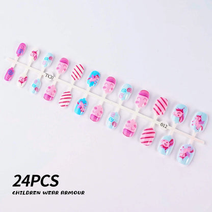 24Pcs/Strip Pink Detachable Child False Nails Tip Kawaii Cartoon Strawberry Acrylic Artificial Full Cover Press On Nail for Girl Good Vibrations