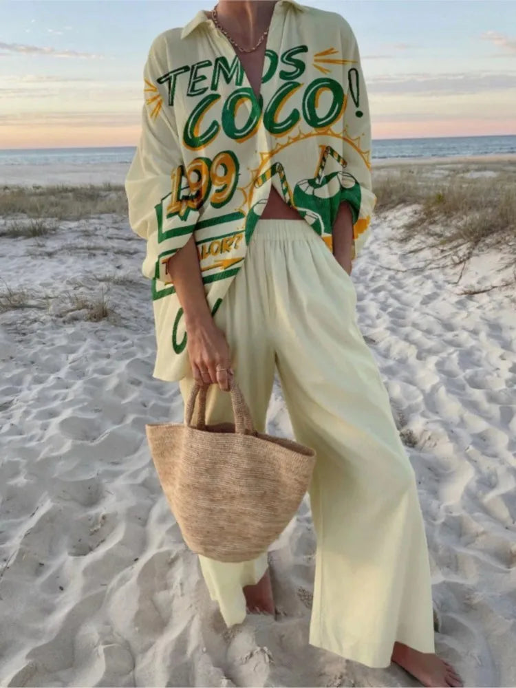 Women's Two Piece Set Print Shirt Pants Suit Single Breasted Lapel Short Sleeve Shirt And Wide Leg Trousers Sets, Lady Outfits Good Vibrations