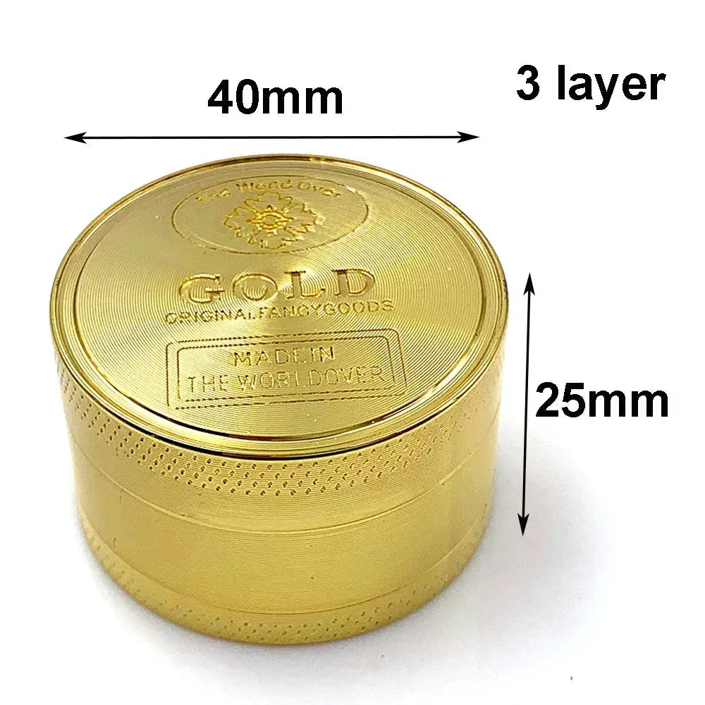 Gold herb grinder, 40mm, 3-layer design, zinc alloy.