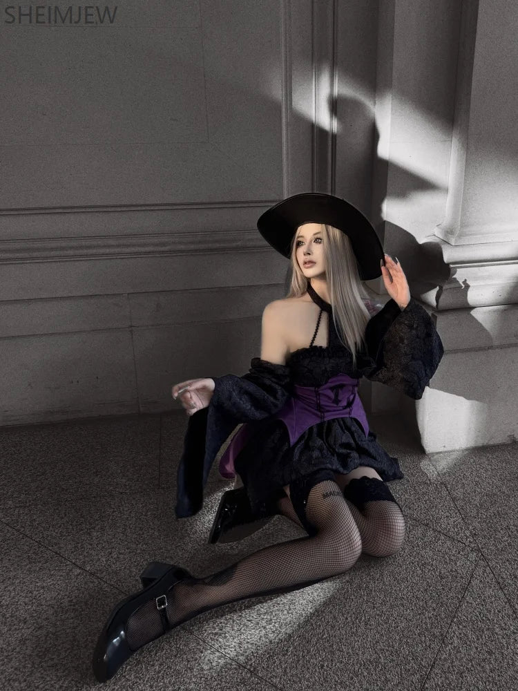 Halloween Witch Costume Role Play Costume Adult Carnival Party Evil Wizard Dress Hat Top Skirt Sleeves Women's Fancy Dress Suit Good Vibrations