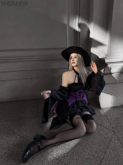 Halloween Witch Costume Role Play Costume Adult Carnival Party Evil Wizard Dress Hat Top Skirt Sleeves Women's Fancy Dress Suit Good Vibrations