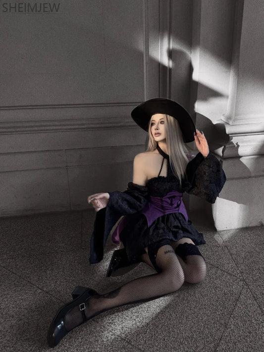 Halloween Witch Costume Role Play Costume Adult Carnival Party Evil Wizard Dress Hat Top Skirt Sleeves Women's Fancy Dress Suit Good Vibrations