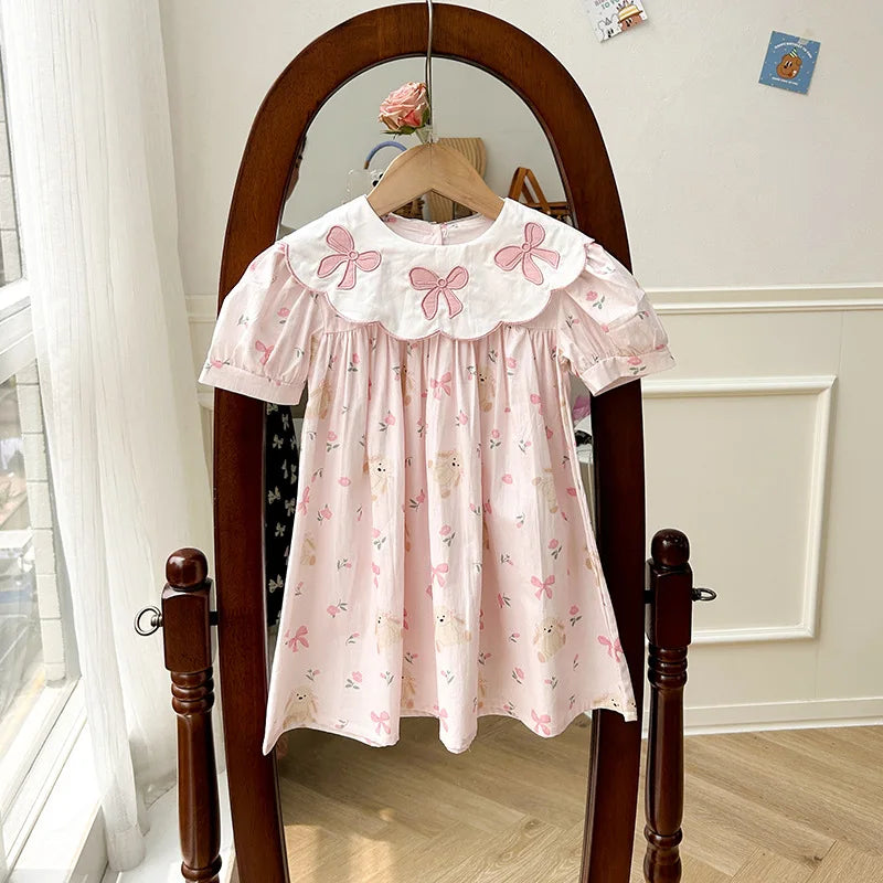 Girls Dress Children's Clothing Bow Embroidered Flower Collar Girls' Dress Summer Cartoon Printed Short Sleeved Princess Dress Good Vibrations