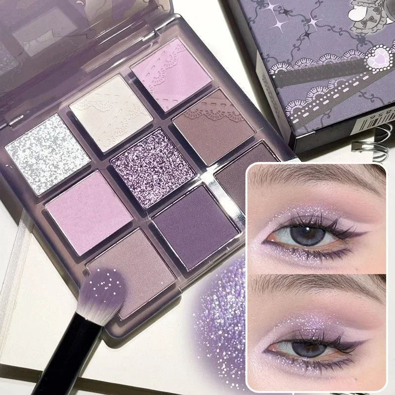 Smoke Purple Lace Eye Shadow Palette Matte Glitter 9-Color Eyeshadow Long Lasting Shimmer Shiny Eyes Make Up Palette Cosmetics Good Vibrations