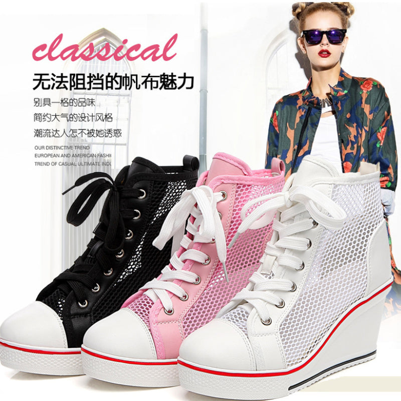 2025  Wedge Heel 8cm Height Increasing Net Shoes Thick Bottom Sandals Women's Casual Lace-up Shoes High-top Hollow Women's Shoes Good Vibrations