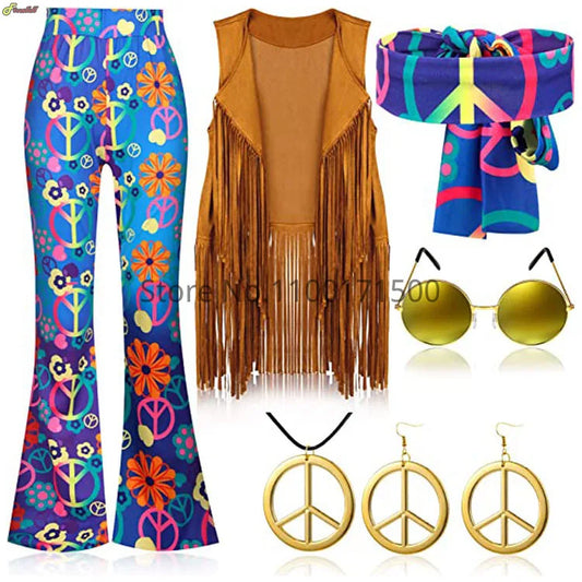 Halloween Hippie Costume Women's Set for Carnival 70s Clothing Accessories Six-Piece Set Tassel Vest+Pants+Headband Set Good Vibrations
