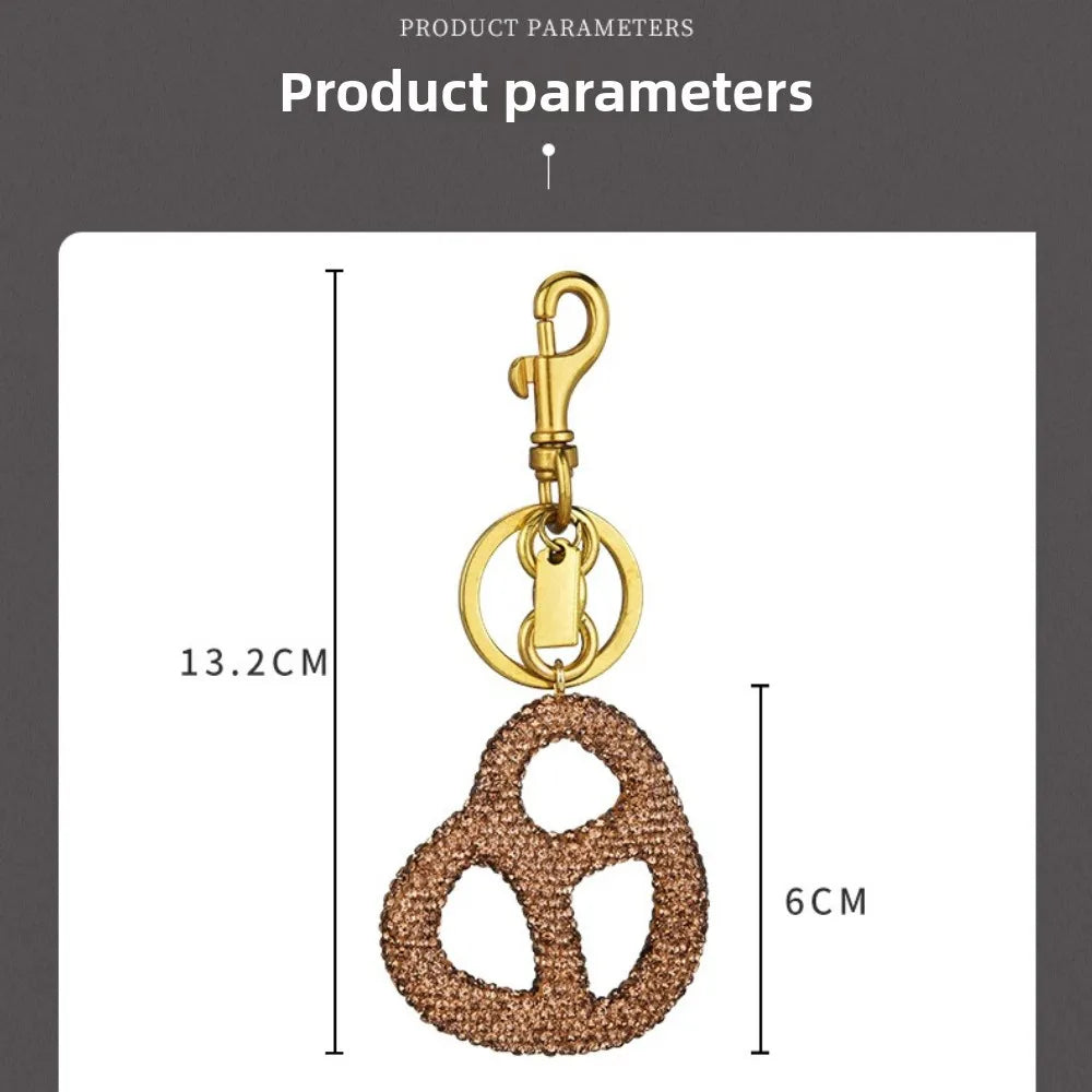Rhinestone Pretzel Bag Charm Keychain Crystal Gold Hardware Sparkly Purse Pendant Accessory Cute Funny Foodie Gifts For Friends Good Vibrations