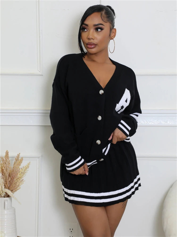 WLWXR Winter Women's Preppy Style Two Piece Sweater Skirt Set 2024 V-Neck Button Cardigan Sweater+Pleated Mini Skirt Matching