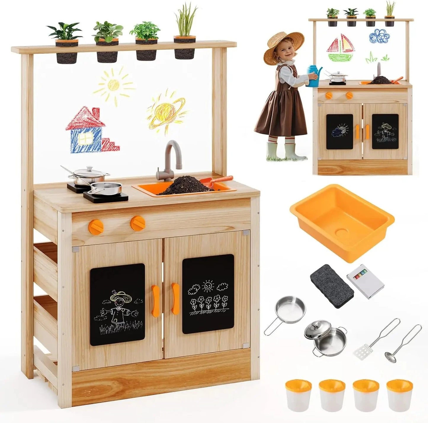 Mud Kitchen, Fir Wood Outdoor Play Kitchen for Toddlers, 4 Planting Cups, Cookware, Faucet & Sink, DIY Acrylic Board & Blackboar Good Vibrations