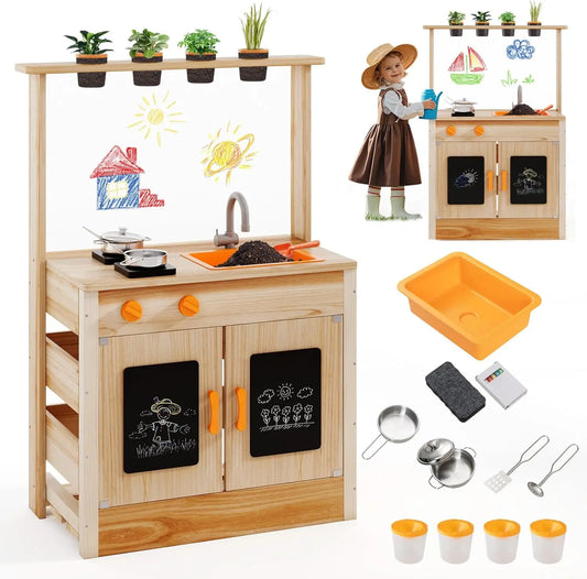 Mud Kitchen, Fir Wood Outdoor Play Kitchen for Toddlers, 4 Planting Cups, Cookware, Faucet & Sink, DIY Acrylic Board & Blackboar Good Vibrations