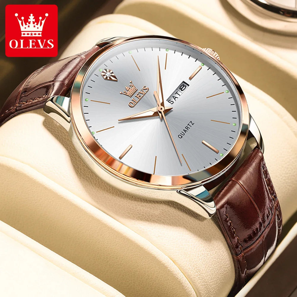 OLEVS 2935 Fashion Business Brand Men Watches Leather Strap Trend Week Calendar Quartz Watch Luminous Waterproof 43mm Dial Good Vibrations