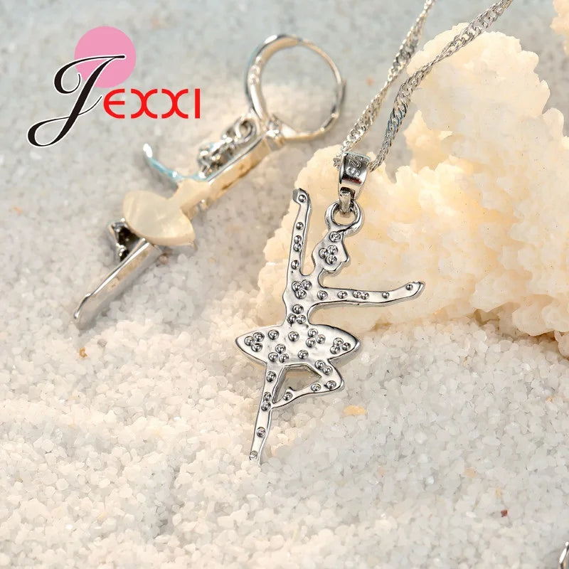 White Dancing Ballet Girls Jewelry Set 925 Sterling Silver Color Pendant Necklace/Earring Sets for Women Wedding Gifts Good Vibrations Adult Super Store