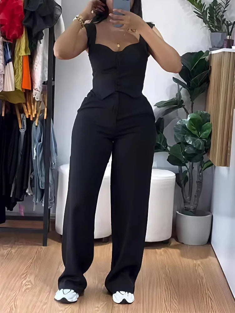 Chic Women Suit Y2k Sexy Two Piece Set Summer Sleeveless Slim Vest And Wide-leg Trouser Sets Elegant Solid Pants Women's Outfit Good Vibrations