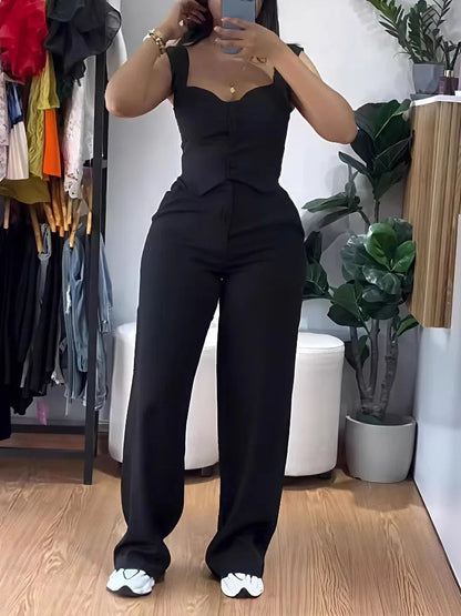 Chic Women Suit Y2k Sexy Two Piece Set Summer Sleeveless Slim Vest And Wide-leg Trouser Sets Elegant Solid Pants Women's Outfit Good Vibrations