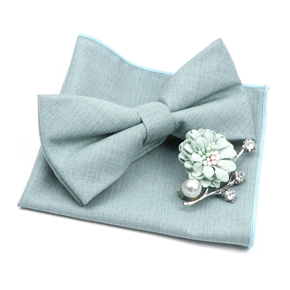 Mens Wedding Bowtie Brooch Set Romantic Solid Color Bamboo Fiber Bowknot Flower Lapel Pin Blue Pink Cravat Suit Shirt Accessory Good Vibrations