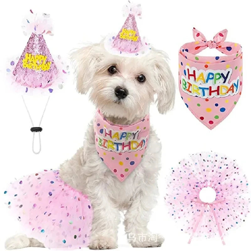 Pet Birthday Party Set Skirt Hat Bowtie for Dogs Gift Celebrating Pet Products Supplies All for Pets Puppy Cats Party Wholesale Good Vibrations
