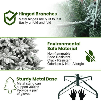 7ft Realistic Artificial Christmas Tree 1514 Tips PE+PVC Snowy Hinged Tree with Metal Stand Flocked Full-size Holiday Decoration Good Vibrations