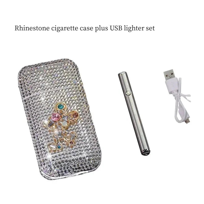 Luxury Rhinestone Cigarette Box with USB Charging Lighter Windproof Portable Smoking Accessories Fashionable Women's Gift Good Vibrations Adult Super Store
