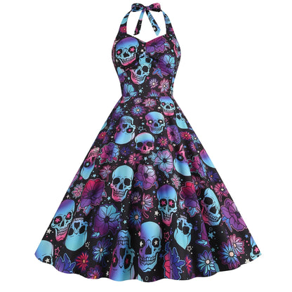 Halloween Costumes for Women Skull Print Halter Dress Sleeveless Tunic Vintage Party Dresses Goth Clothes Masquerade Vestidos Good Vibrations