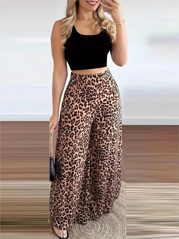 Women Two Piece Sets Outfits 2024 Summer Fashion Square Neck Sleeveless Crop Tank Top & Leopard Print Pocket Wide Leg Pants Set Good Vibrations