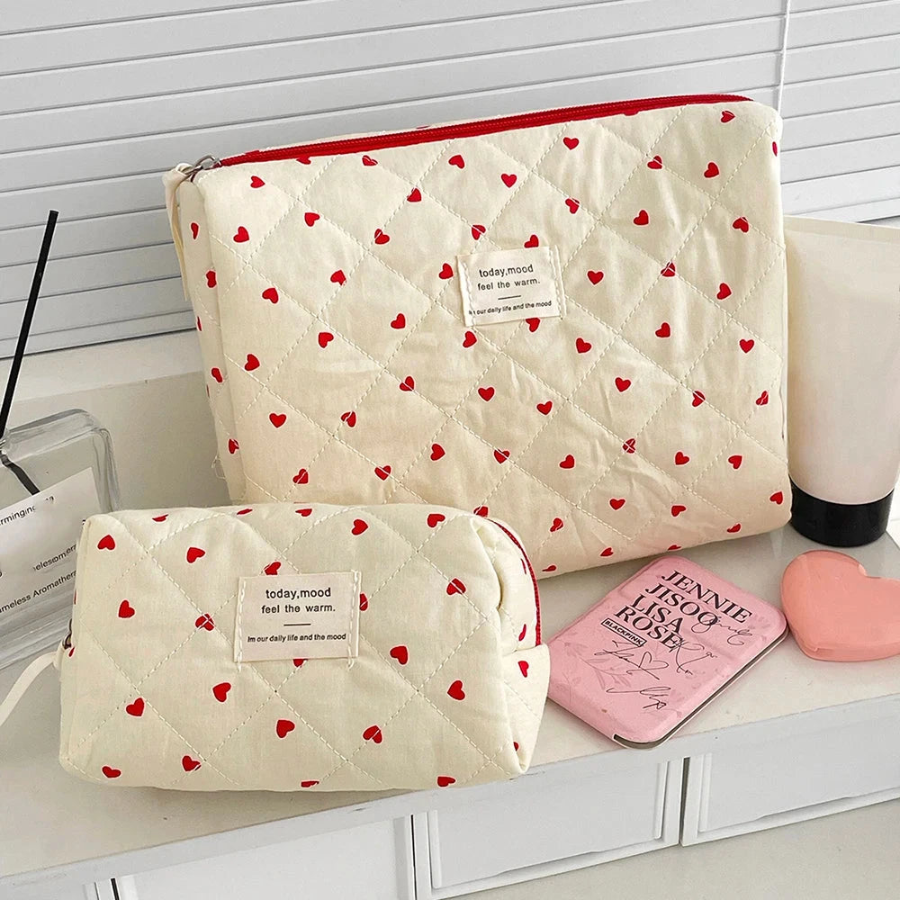 Ins Fashion Heart Women Quilted Makeup Bag Large Capacity Toiletry Cosmetic Storage Pouch Handbag Ladies Zipper Make Up Bag Good Vibrations