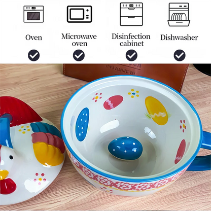 Ceramic Colorful Chicken Shape With lid Bowls Fruit Salad Dessert Soup Instant Noodle Bowl Home Restaurant Kitchen Supplies, 1Pc Good Vibrations