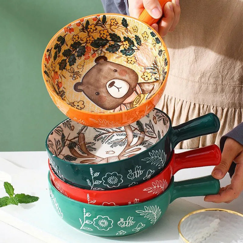 Ceramic Bakeware With Handle Forest Animals Baking Pan  Underglaze  Kitchen Tableware Salad Bowl Au Gratin Dishes Good Vibrations