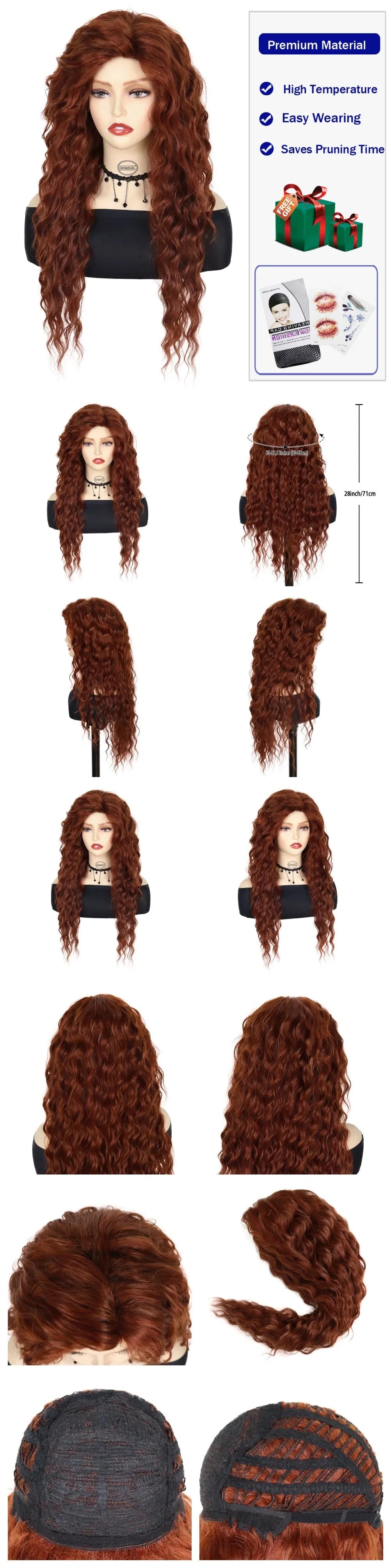 GNIMEGIL Synthetic Long Wave Cur Wigs Female Natural Brown Wig with Clip Free Part Side Bangs 80s Curly Wigs for Women Ombre Wig Good Vibrations