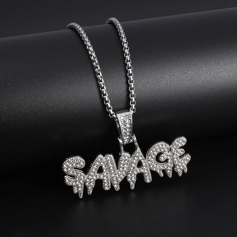 Hip Hop Ice Out Square Crystal S-A-V-A-G-E Letter Pendant Necklace for Men and Women Street One Last Party Trendy Jewelry Gift Good Vibrations