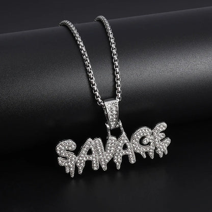 Hip Hop Ice Out Square Crystal S-A-V-A-G-E Letter Pendant Necklace for Men and Women Street One Last Party Trendy Jewelry Gift Good Vibrations