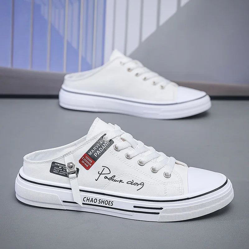 Men Half Slippers Fashion Low-top Canvas Shoes Men Outdoor Casual Walking Shoes Comfortable Breathable Men Vulcanized Shoes New Good Vibrations