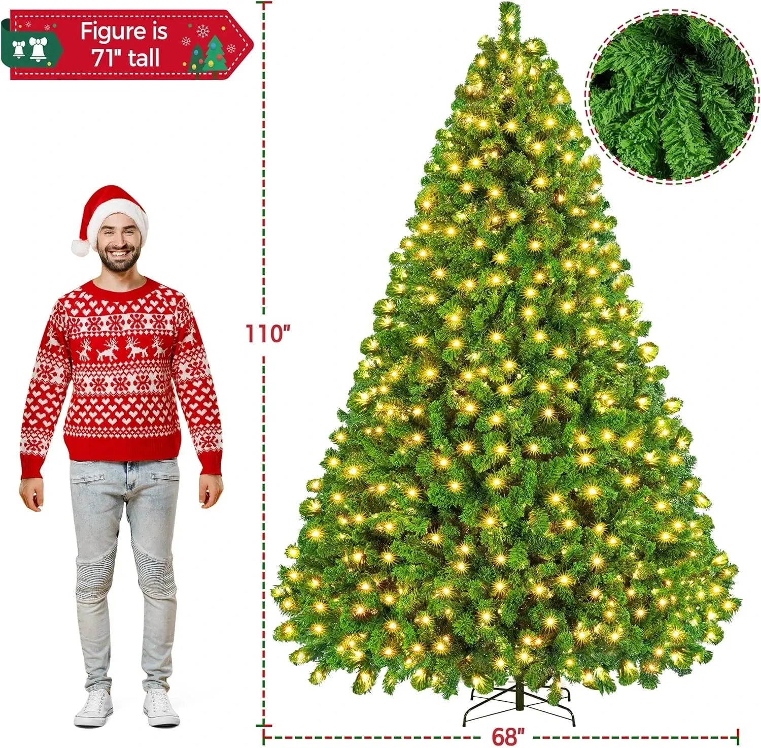 5 to 10ft Artificial Christmas Tree , Snow Flocked Full Prelighted Xmas Tree with 2084 Branch Tips, 900 Incandescent Lights Good Vibrations