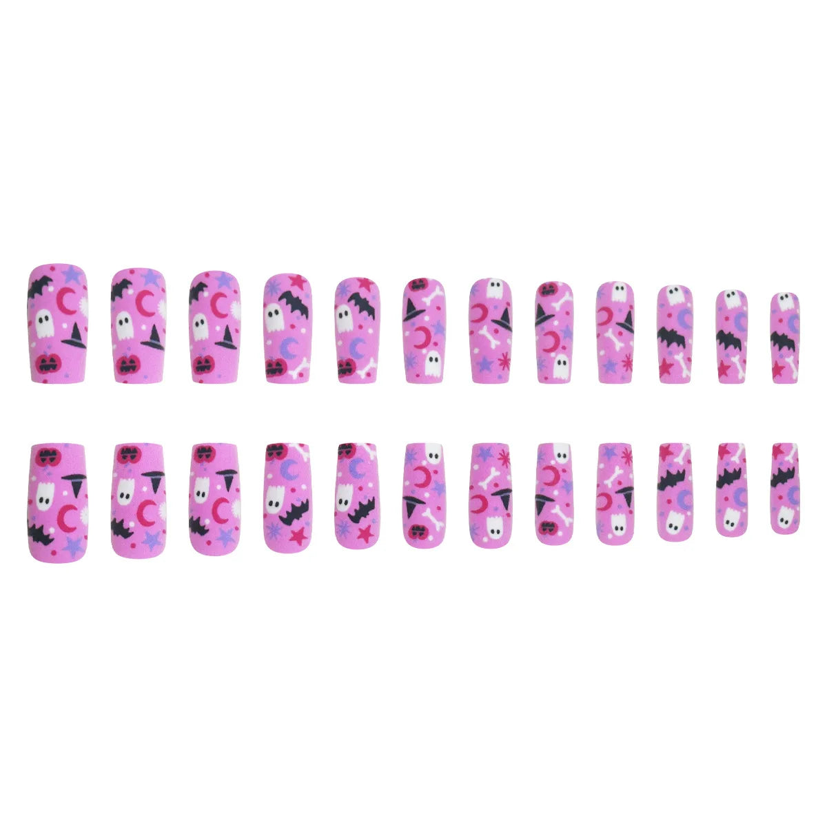 24pcs Pink Long Coffin Fake Nail Tips Halloween Ghost Bat Print Press on Nail Wearable Detachable European Long False Nails Good Vibrations