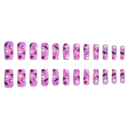 24pcs Pink Long Coffin Fake Nail Tips Halloween Ghost Bat Print Press on Nail Wearable Detachable European Long False Nails Good Vibrations