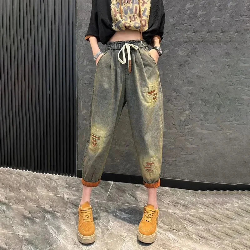 Jeans Set Women Denim Pants Two Piece Set 2025 New Loose Plus size Casual Suit Female Fashion Hooded Printed Jeans Sets Good Vibrations