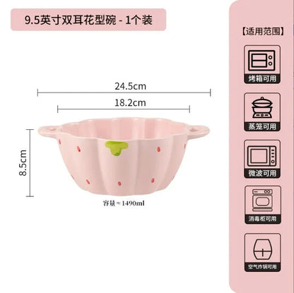 Cute Strawberry Ceramic Bowl Set For Home Use High Aesthetic Instant Noodles Salad Dessert Dining Tableware Kitchen Supplies Good Vibrations