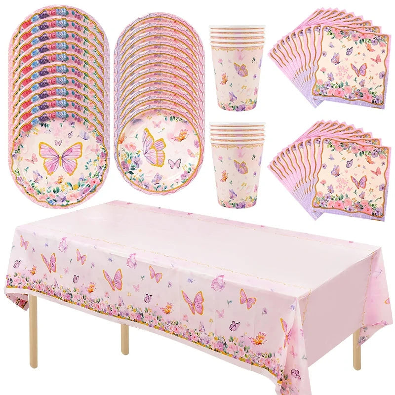 Butterfly Disposable Tableware Set Paper Plate Cup Napkins Pink Butterfly Birthday Party Decoration Baby Shower Wedding Supplies Good Vibrations