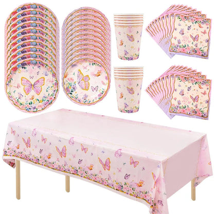 Butterfly Disposable Tableware Set Paper Plate Cup Napkins Pink Butterfly Birthday Party Decoration Baby Shower Wedding Supplies Good Vibrations
