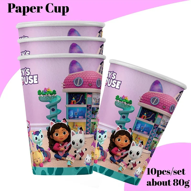 Cartoon Gabby Dollhouse Party Supplies Birthday Party Disposable Tableware Set Paper Plate Cup Napkins Baby Shower Decorations Good Vibrations