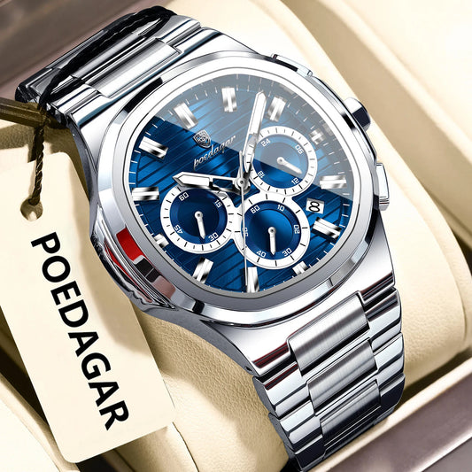 POEDAGAR Business Man Wristwatch Date Chronograph Waterproof Luminous Luxury Men Watch Stainless Steel Quartz Men's Watches Male Good Vibrations