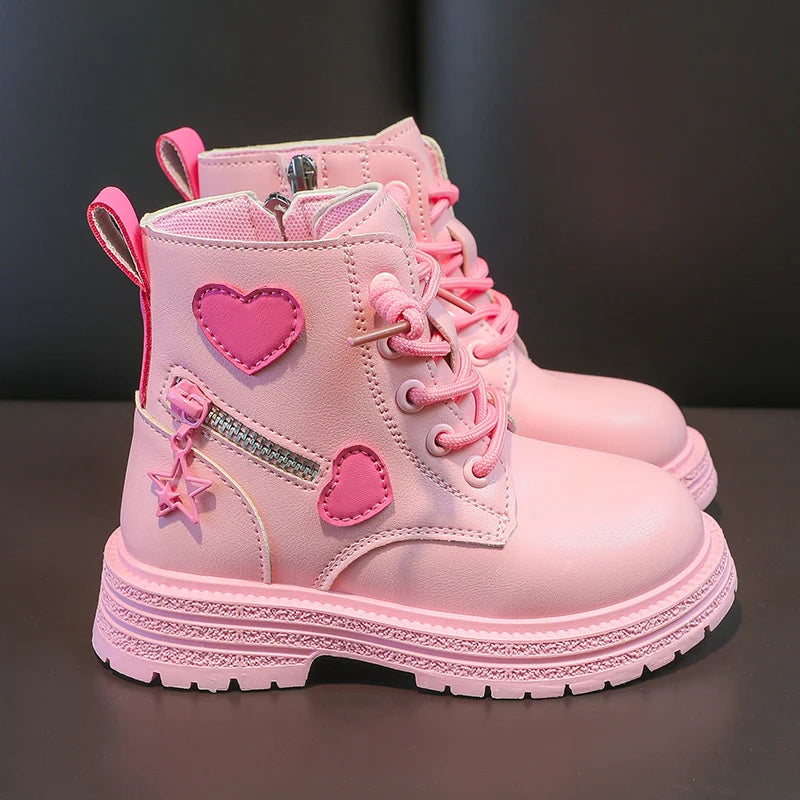 Girls Boots Kids Fashion Rubber Boots Cool Girl Autumn and Winter Cotton Soft Sole Pink with Love Side Zip Princess Round-toe PU Good Vibrations