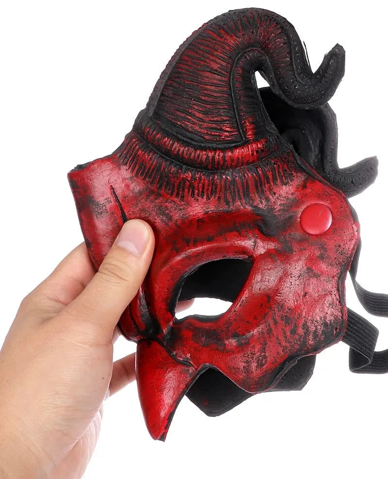 Halloween Demon Mask Horns Devil Half Face Mask Party Cosplay Horror Monster Masquerade Scary Haunted House Props PU Mask Decor Good Vibrations